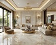 © frank29052515 - Opulent Opulence: Elegant Modern Living Room with High-Gloss Walls, Marble Flooring, and Gold-Accented Chandelier