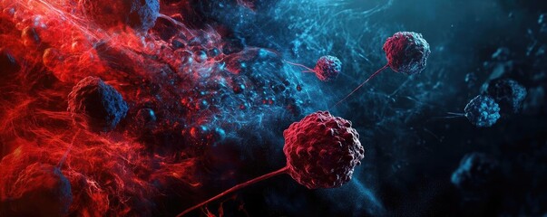 Poster - Vivid abstract representation of cells in vibrant red and blue colors, showcasing the dynamic nature of biological processes.