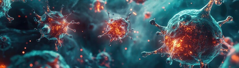Poster - Colorful and detailed microscopic view of viruses in a dynamic environment, showcasing intricate structures and vibrant aspects.
