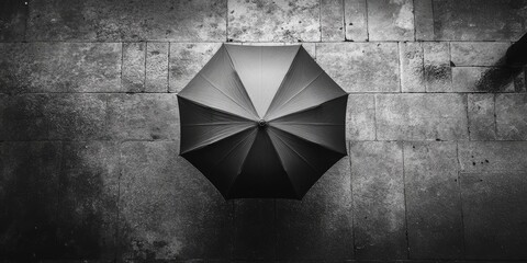 Canvas Print - Black Umbrella on a Wet Stone Wall