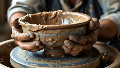 Artisan shaping wet clay on a spinning wheel, hands covered in mess, creating a masterpiece with skill and passion