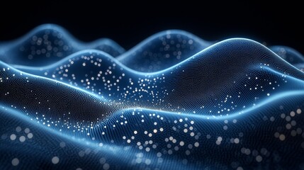 Poster - Abstract waves of light and particles create a mesmerizing digital landscape in a dark background setting