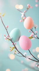 Wall Mural - Pastel Easter Eggs on a Blossom Branch.