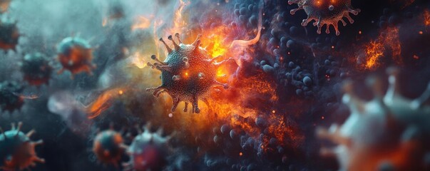 Poster - A visually striking representation of viruses in a cosmic environment, highlighting their complexity and interaction.