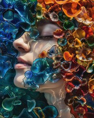 Wall Mural - A woman s face partially obscured by colorful glass shapes, creating a vibrant, artistic portrait that blends nature and abstraction