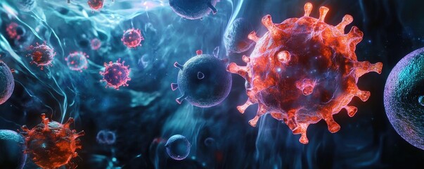 Aufkleber - Stunning close-up view of virus particles in vivid detail, showcasing intricate structures and vibrant colors in a microscopic environment.
