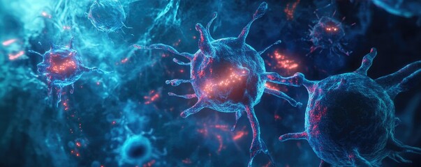Poster - Vibrant microscopic view of cells showcasing intricate structures and vivid colors, ideal for science and biology illustrations.