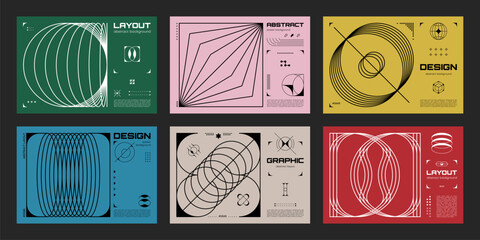 Aufkleber - Abstract brutalism posters and banners. Vector brutal y2k cards, layouts or backgrounds with geometric surreal shapes in retro modern futuristic style. Minimalist templates with brutalism figures