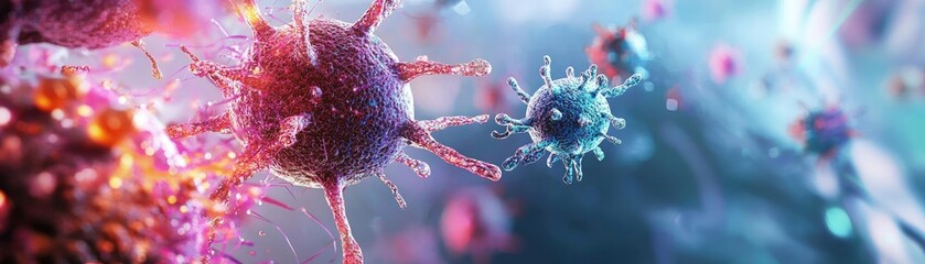Poster - Vibrant close-up of a virus, showcasing intricate details and textures in a colorful, abstract representation of microbial life.