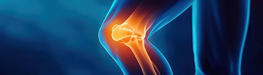 Poster - A close-up view of a glowing knee joint showcasing its anatomy and vital structures, ideal for medical and educational purposes.