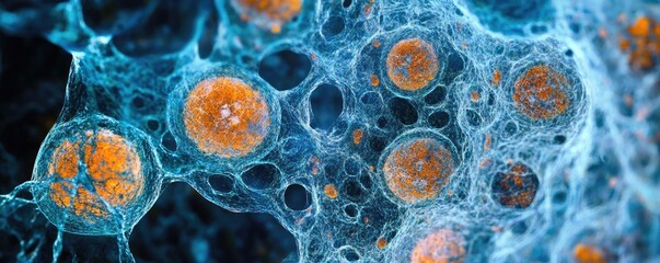 Aufkleber - A close-up view of vibrant microscopic cells showcasing intricate details and colors. Ideal for science and biology concepts.