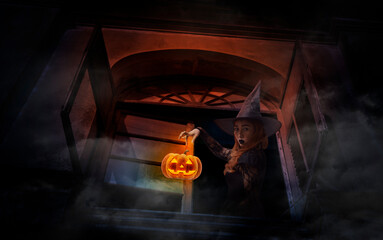 Wall Mural - Halloween witch with pumpkin monster head over old ancient window castle, Halloween mystery concept