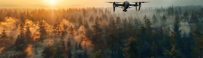  Aerial view of a drone flying over a dense forest during sunrise, capturing the beauty of nature with mist and sunlight.