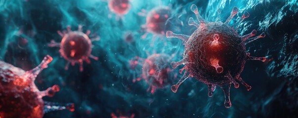 Poster - A detailed illustration of viral particles in a vibrant, scientific environment, showcasing the complexity of microscopic life.