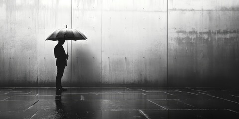 Canvas Print - Silhouette of a Man with an Umbrella Against a Concrete Wall