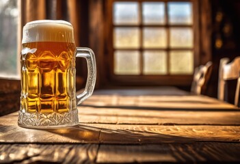 Wall Mural - frothy beer stein resting weathered wooden table rustic charm inviting atmosphere, mug, glass, beverage, cold, refreshment, drink, alcohol, craft, amber