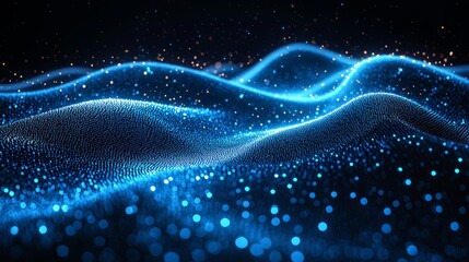 Poster - Abstract wave patterns in vibrant blue illuminated with glowing particles create a serene digital landscape at night