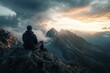 © Nijieimu - A man sits on a mountain top, looking out at the beautiful sunset, creating a serene and peaceful atmosphere. The man is lost in thought, taking in the breathtaking view