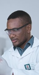 Aufkleber - Science, research and black man with microscope, thinking and study in laboratory with medical data. Healthcare, pharmacy innovation and scientist, technology and result, solution or breakthrough