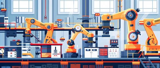 Poster - A vibrant depiction of an automated factory environment with robotic arms, showcasing modern industrial technology and efficiency.