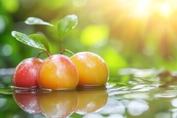 Wall Mural - Fresh Plums Floating in Water with Green Leaves and Sunlight