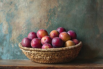 Wall Mural - Ripe Plums in a Wicker Basket on Rustic Wooden Table