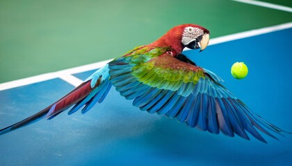 A vibrant parrot playing tennis, with bright green and blue colors forming a striking background to showcase its colorful feathers