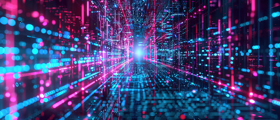 Artificial Intelligence Digital Background with a Futuristic High-Tech Illusion of Computer Symbol Style, Featuring Deep Blue Gradient and Red Bokeh Lights for Enhanced Depth and Contrast, Perfect for