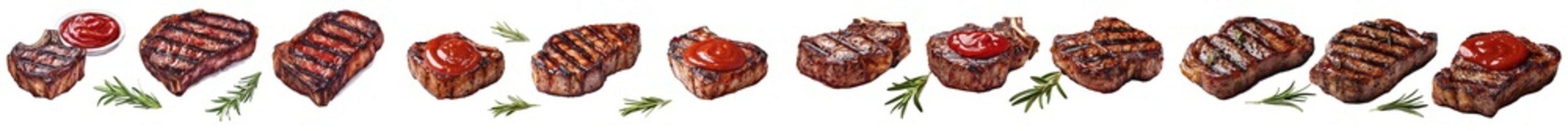 Aufkleber - White background with different types of juicy cooked meat (pork, chicken, and beef) in creamy brown sauce