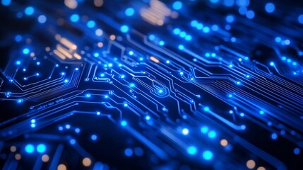 Wall Mural - A close-up view of a blue circuit board with glowing connections, illustrating technology and electronics.