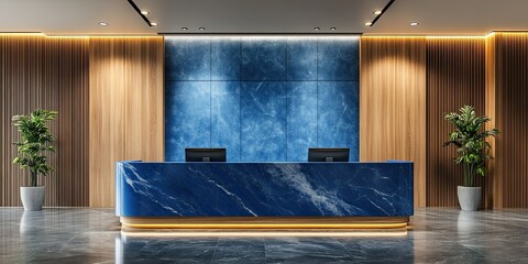 blue modern hotel reception design with combine between elegant wood panels and luxury marble 