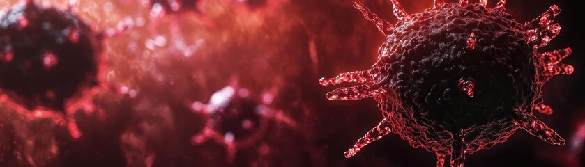 Poster - Close-up view of intricate virus structure under a microscope, showcasing details in vibrant red hues.