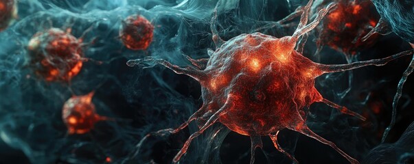 Poster - Detailed visualization of microscopic cells, showcasing vibrant colors and intricate structures, perfect for science-related projects.