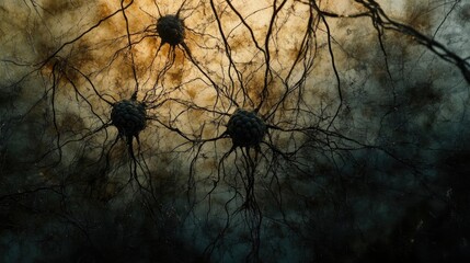 Poster - Microscopic view of interconnected neurons showcasing the complexity and beauty of neural networks in a stunning abstract style.
