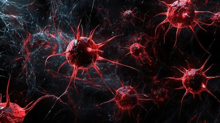 Aufkleber - High-resolution image of abstract red cells in a dark environment, showcasing intricate details and scientific elements.