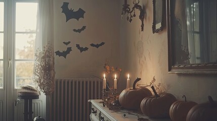 Sticker - Halloween-themed entryway console table decorated with pumpkins, candles, and bats on the wall 