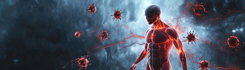 Aufkleber - A conceptual illustration of the human body surrounded by viruses, depicting the battle between health and disease.