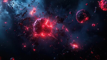 Poster - Captivating cosmic scene featuring vibrant red explosions among celestial bodies in a dark, mysterious universe.