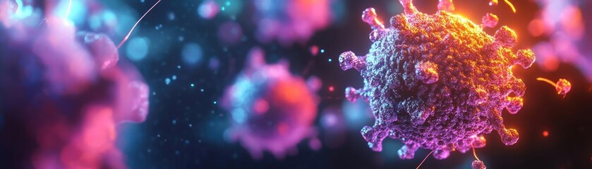 Aufkleber - Vibrant illustration of a virus, showcasing intricate details and dynamic colors against a dark background, ideal for scientific visuals.