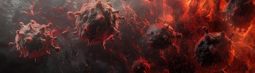 Aufkleber - An abstract representation of viruses floating in a fiery environment, showcasing details and dramatic colors for a striking visual.