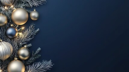 A festive arrangement of gold and silver ornaments on a spruce branch against a dark background during the holiday season