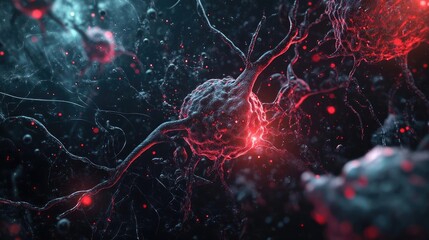 Poster - Microscopic view of neurons with glowing connections, showcasing the beauty of cellular structures in a dark, abstract environment.
