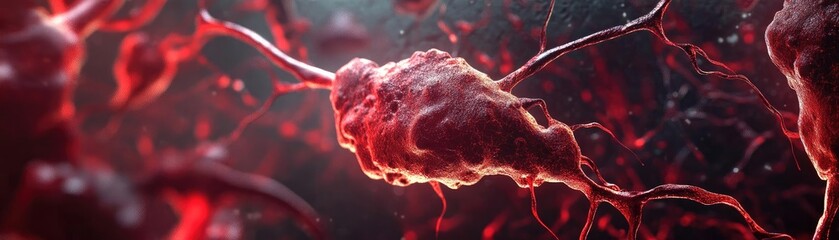 Poster - Detailed close-up of a cell within a vibrant red biological environment, showcasing intricate structures and organic textures.