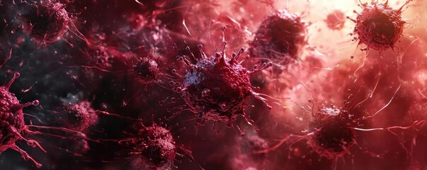Poster - A vibrant, abstract depiction of virus-like structures in red and black, showcasing microscopic details and dynamic movement.