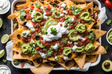 Loaded nachos topped with melted cheese jalapeos sour cream guacamole and salsa, AI Generated