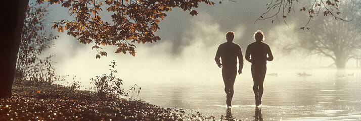 Canvas Print - Two men walk through a misty lake in the early morning. The sun shines through the fog creating a golden glow.