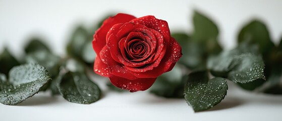 Wall Mural - Dew-Covered Red Rose with Green Leaves on a White Background