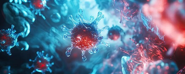Aufkleber - Vibrant microscopic view of a virus, highlighting intricate forms and glowing colors in a visually striking scientific composition.