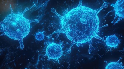 Aufkleber - Microscopic view of vibrant blue cells in a biological environment, showcasing intricate details and dynamic structures.