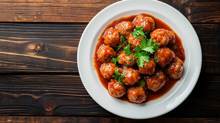 Wall Mural - Tasty meatballs with parsley lying in tomato sauce on a white plate, on dark wooden background